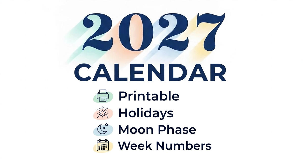 Free Blank Printable 2027 Calendar with Holidays, Moon Phase and Week Number